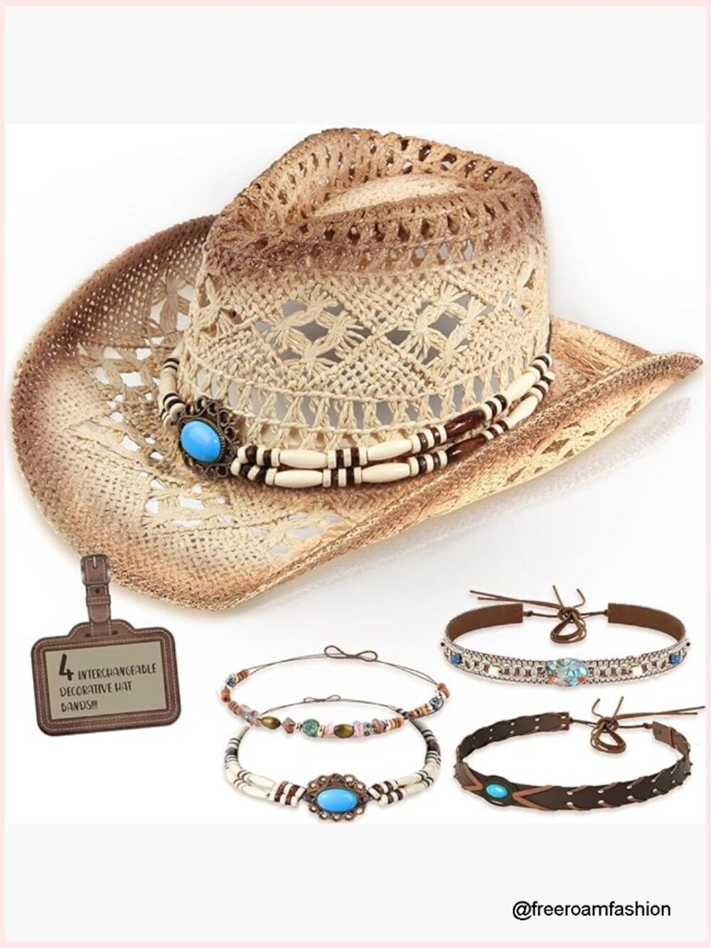 Straw Cowboy Hat Wide Brim, Adjustable, with 4 Decorative Bands, Unisex,